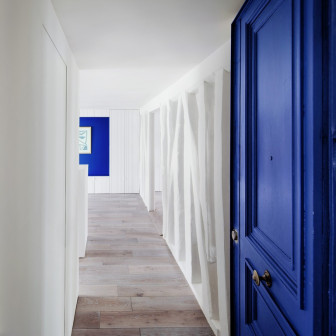 Swan Architectes, Appartement écrins, mieszkanie miłośnika sztuki, biało-niebieskie mieszkanie