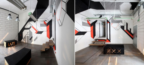 LATE, _AFxTT [...], instalacja graficzno-architektoniczna, wnętrze biura coworkingowego w Krakowie 