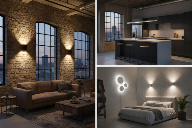 Kinkiety LED w stylu loft – nowoczesne oświetlenie LED w salonie, kuchni i sypialni loftowej