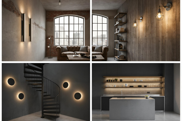 Kinkiety LED do mieszkania w stylu loftowym – industrialne oświetlenie ścienne w salonie, przy schodach i w kuchni