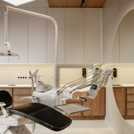 projekt kliniki dentystycznej w bydgoszczy w stylu japandi, z elementami drewna